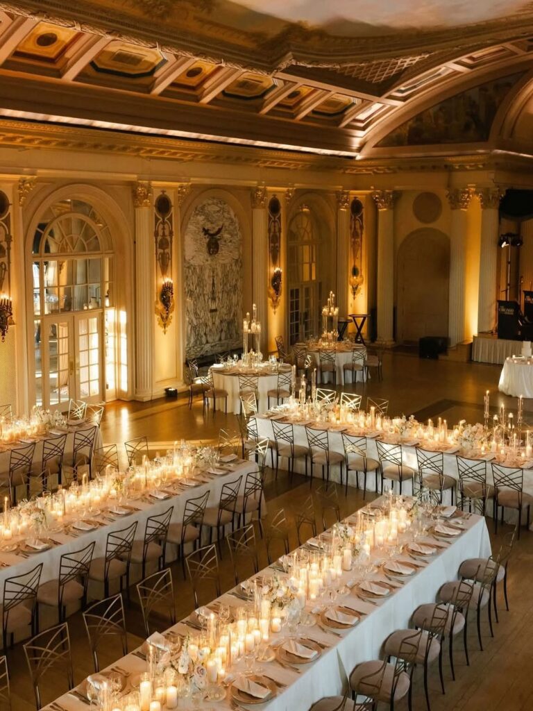 Lavish banquet hall with ornate decor, long tables elegantly set with white linens, and glowing candles, creating a warm, sophisticated ambiance.